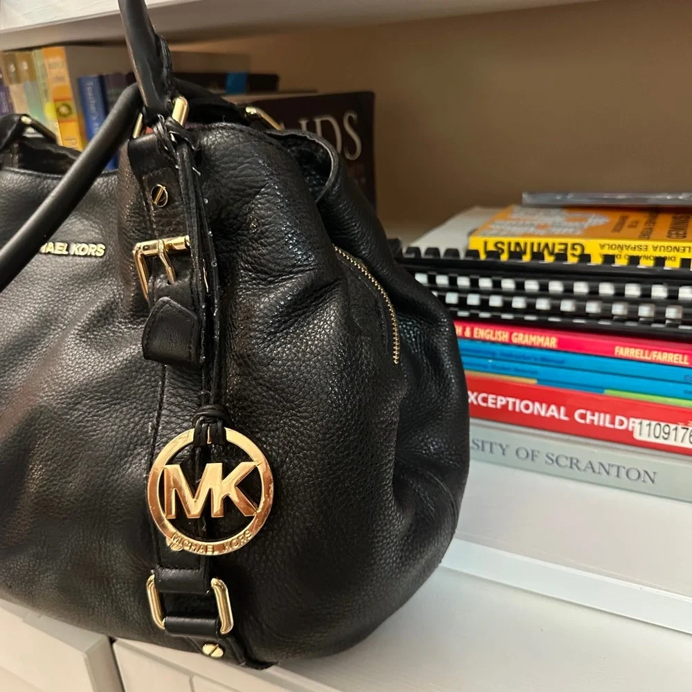 Michael Kors Black Leather Satchel with Gold Hardware